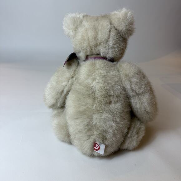 RARE TY Classic Teddy Bear Light Gray Brown with Maroon Navy Striped Bow - Picture 6 of 10